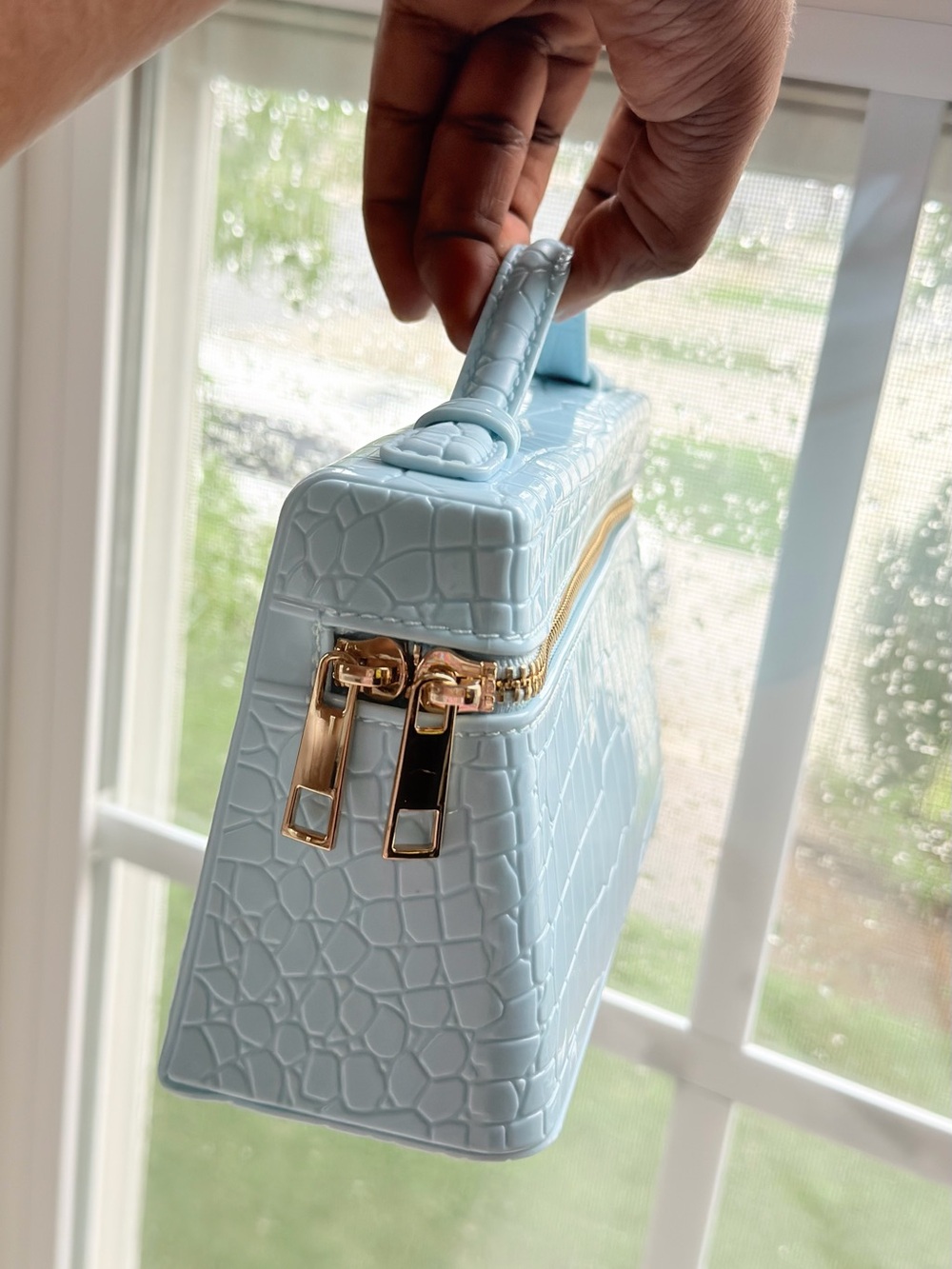 Light Blue Croc-Embossed Top-Handle Cosmetic Case